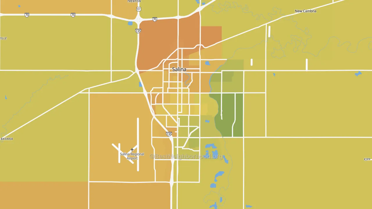 Map of the best neighborhoods in the Salina area, with better matches in green and worse matches in red