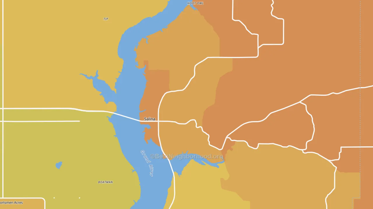 Map of the best neighborhoods in the Salina area, with better matches in green and worse matches in red