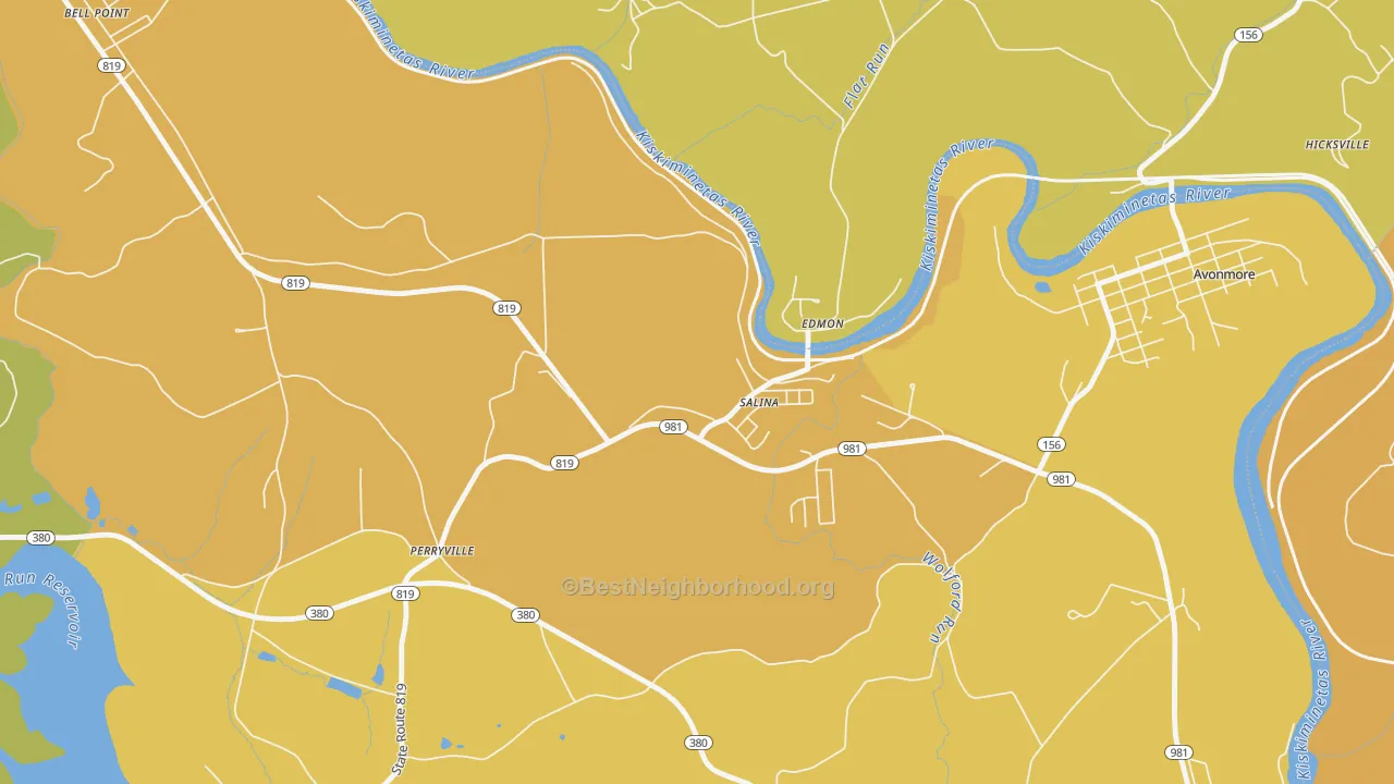 Map of the best neighborhoods in the Salina area, with better matches in green and worse matches in red