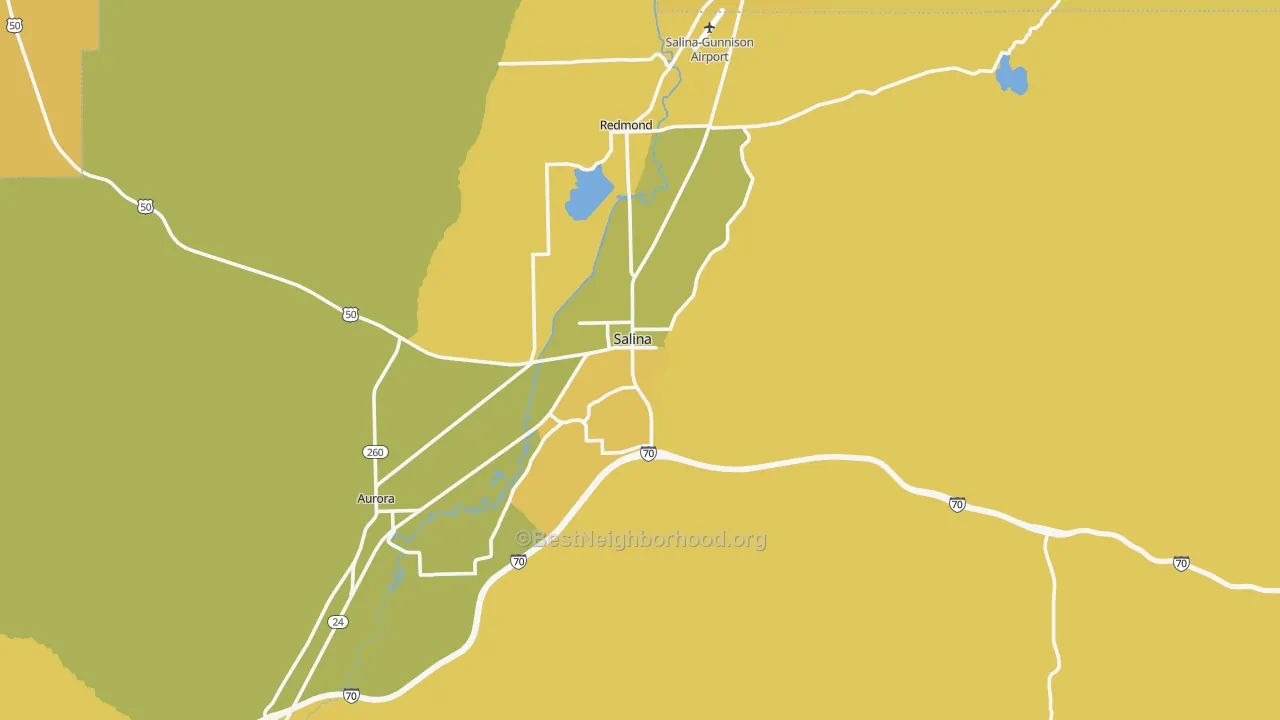 Map of the best neighborhoods in the Salina area, with better matches in green and worse matches in red