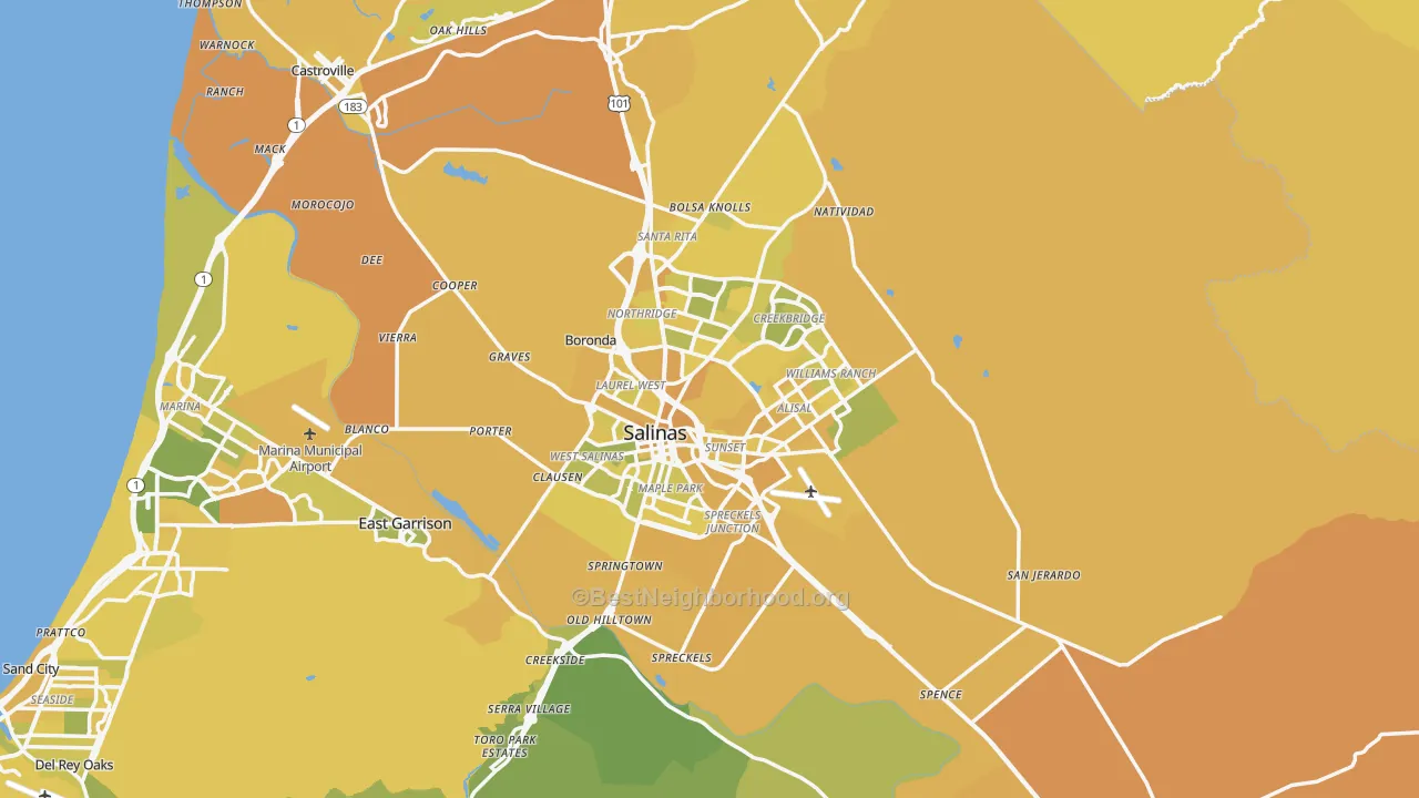 Map of the best neighborhoods in the Salinas Metro area, with better matches in green and worse matches in red