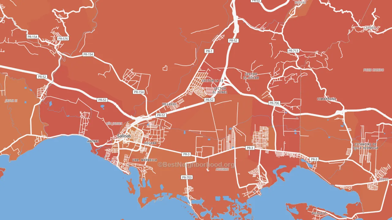 Map of the best neighborhoods in the Salinas Municipio area, with better matches in green and worse matches in red