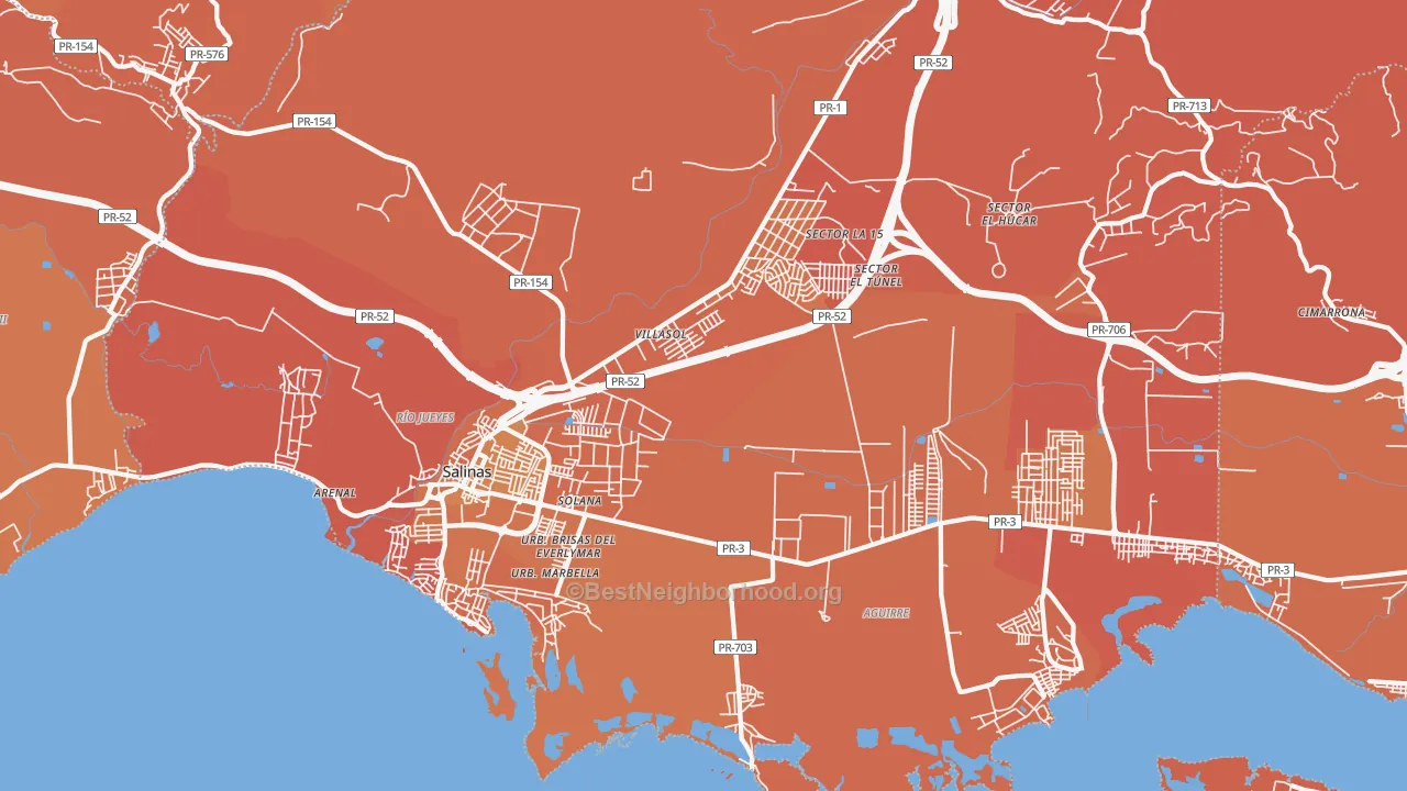 Map of the best neighborhoods in the Salinas area, with better matches in green and worse matches in red