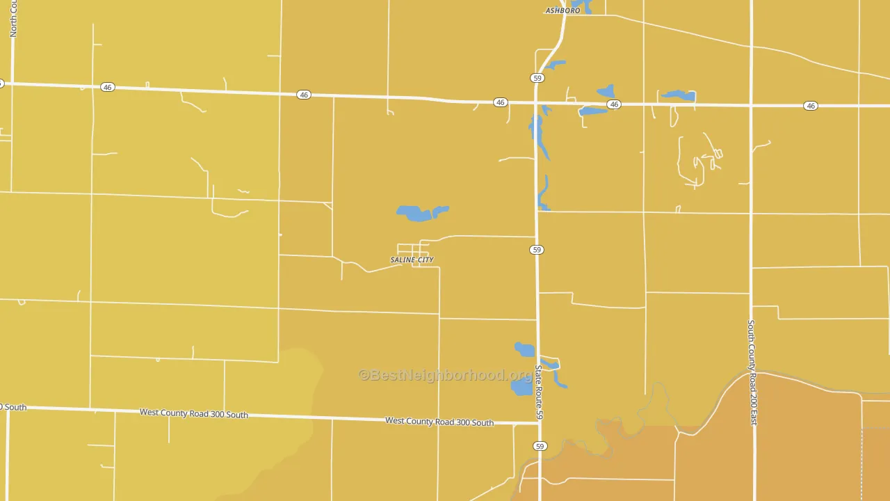 Map of the best neighborhoods in the Saline City area, with better matches in green and worse matches in red