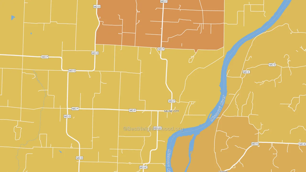 Map of the best neighborhoods in the Saline City area, with better matches in green and worse matches in red