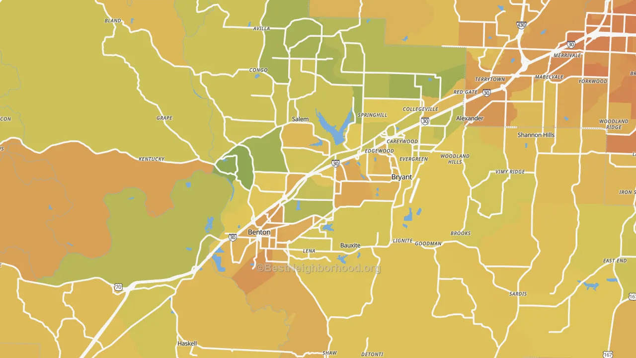Map of the best neighborhoods in the Saline County area, with better matches in green and worse matches in red