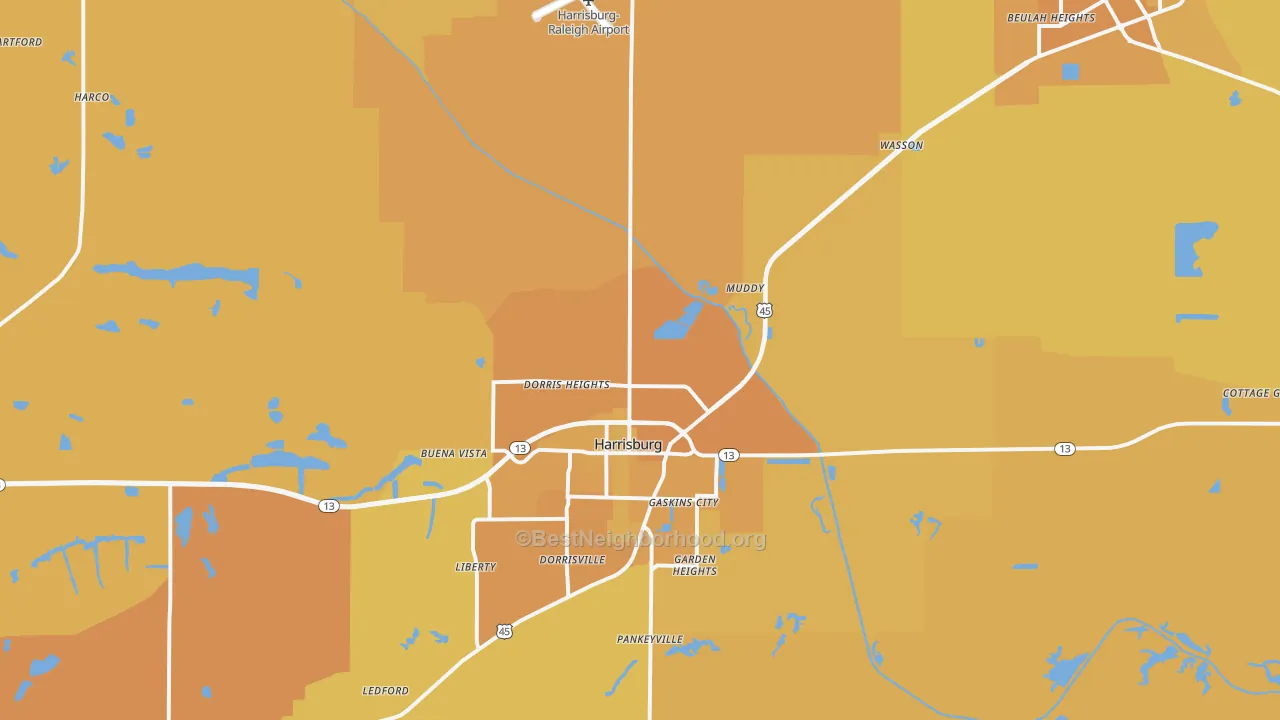Map of the best neighborhoods in the Saline County area, with better matches in green and worse matches in red