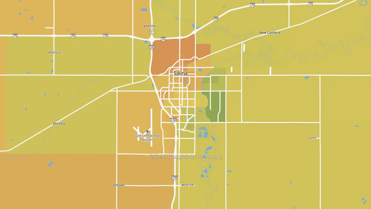 Map of the best neighborhoods in the Saline County area, with better matches in green and worse matches in red