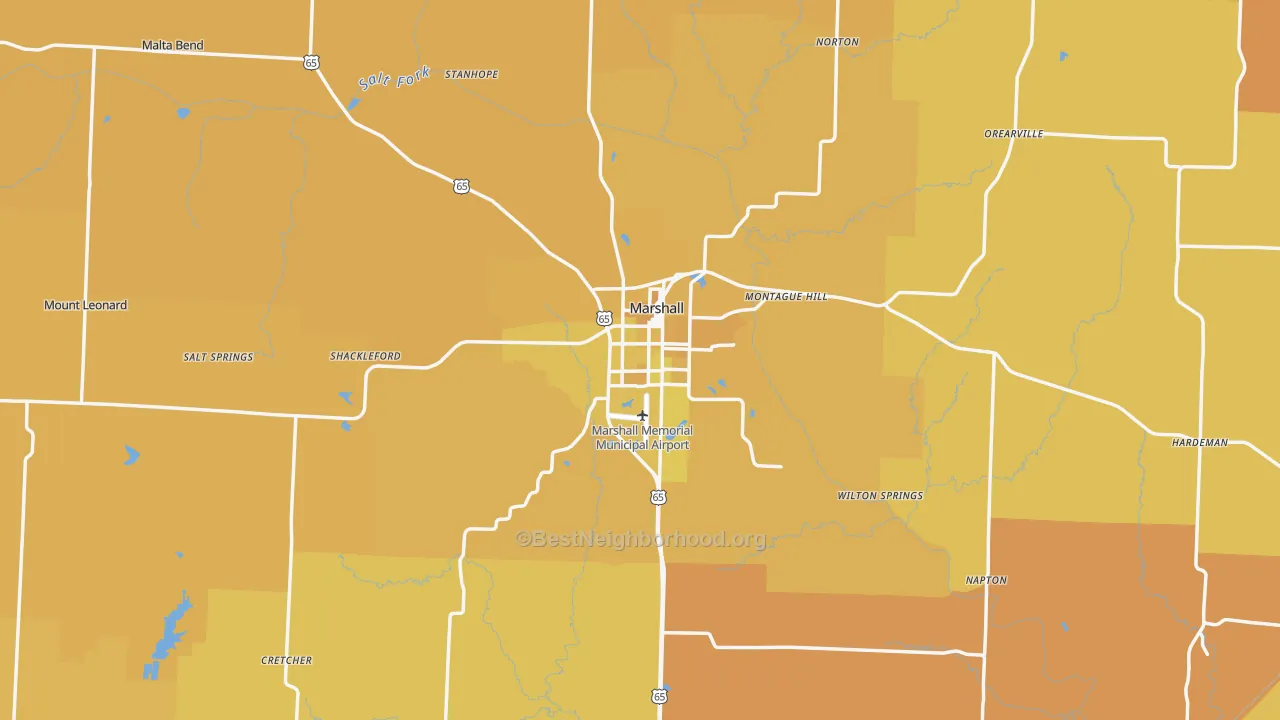 Map of the best neighborhoods in the Saline County area, with better matches in green and worse matches in red