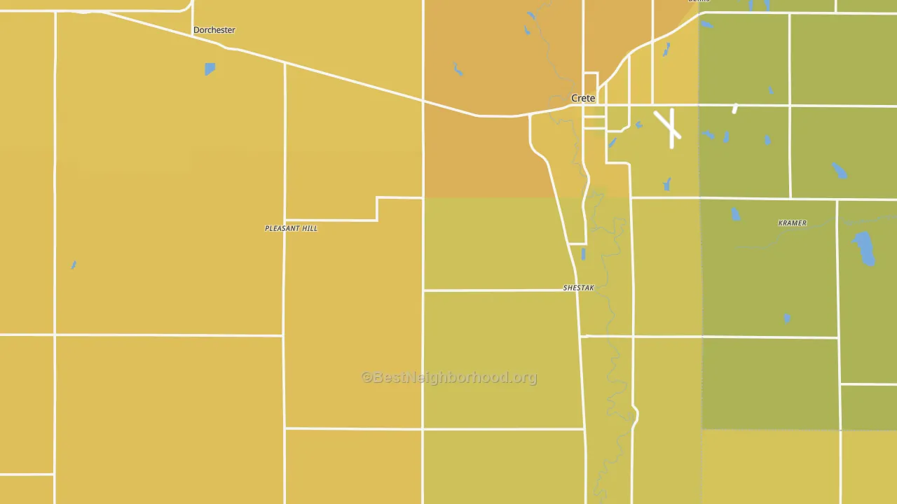 Map of the best neighborhoods in the Saline County area, with better matches in green and worse matches in red