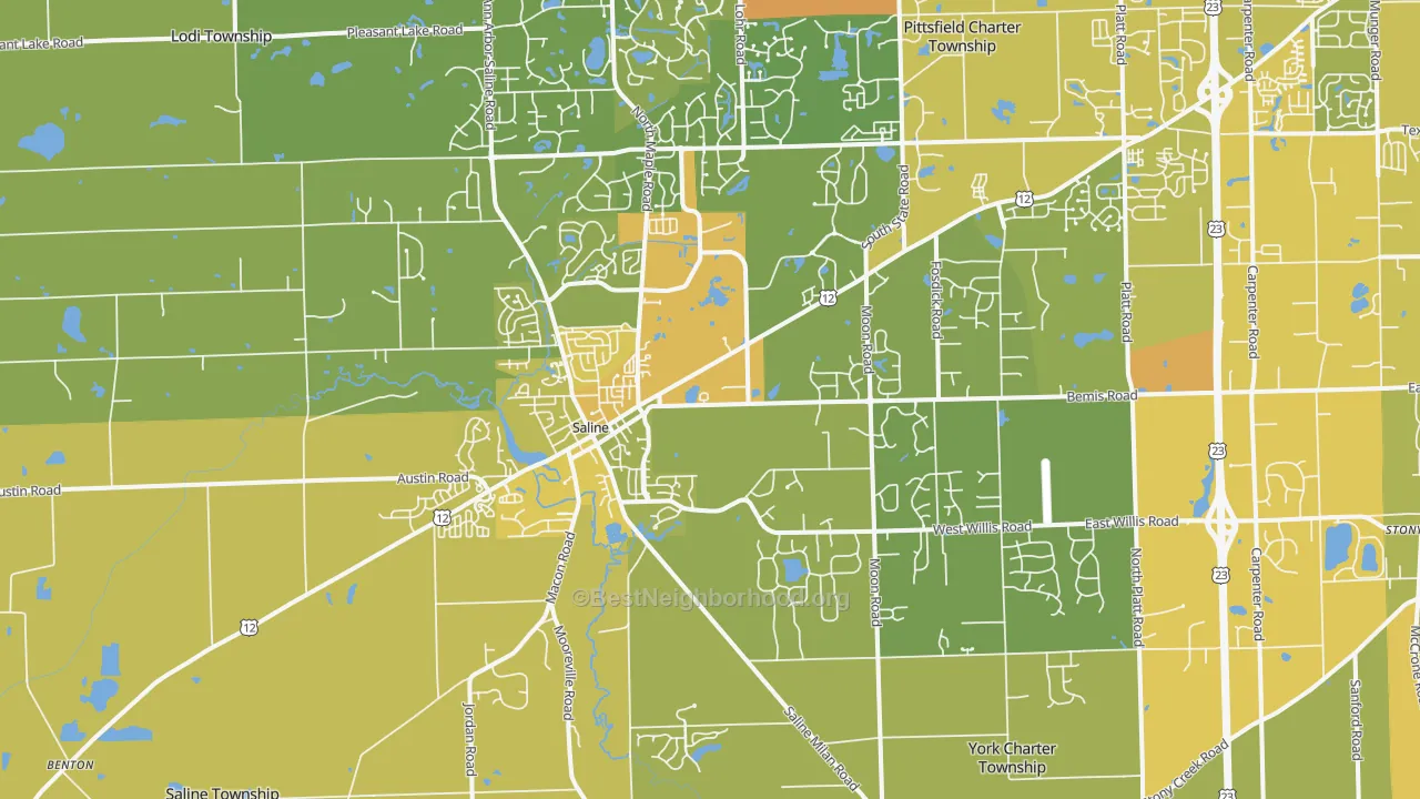 Map of the best neighborhoods in the Saline area, with better matches in green and worse matches in red