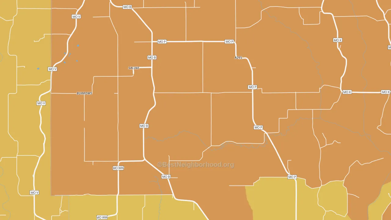 Map of the best neighborhoods in the Saline area, with better matches in green and worse matches in red