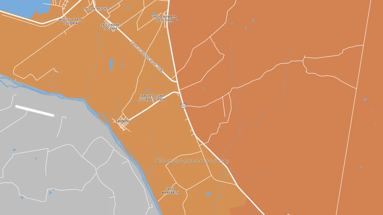 Map of the best neighborhoods in the Salineno area, with better matches in green and worse matches in red