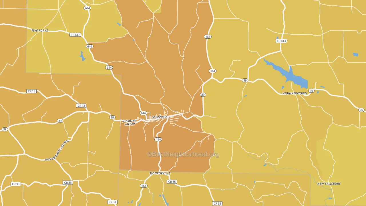 Map of the best neighborhoods in the Salineville area, with better matches in green and worse matches in red
