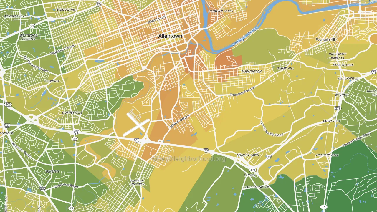 Map of the best neighborhoods in the salisbury, Allentown area, with better matches in green and worse matches in red