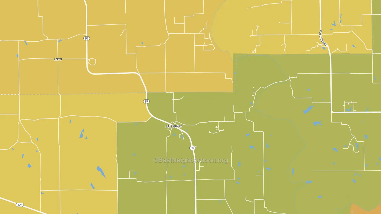 Map of the best neighborhoods in the Salisbury area, with better matches in green and worse matches in red