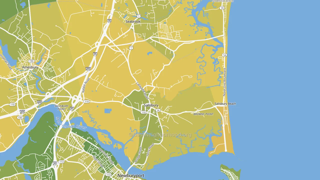 Map of the best neighborhoods in the Salisbury area, with better matches in green and worse matches in red