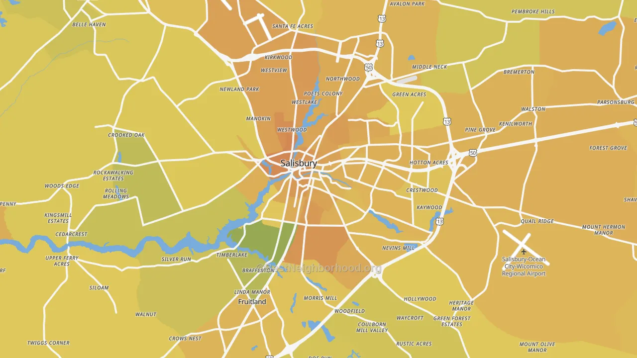 Map of the best neighborhoods in the Salisbury Metro area, with better matches in green and worse matches in red