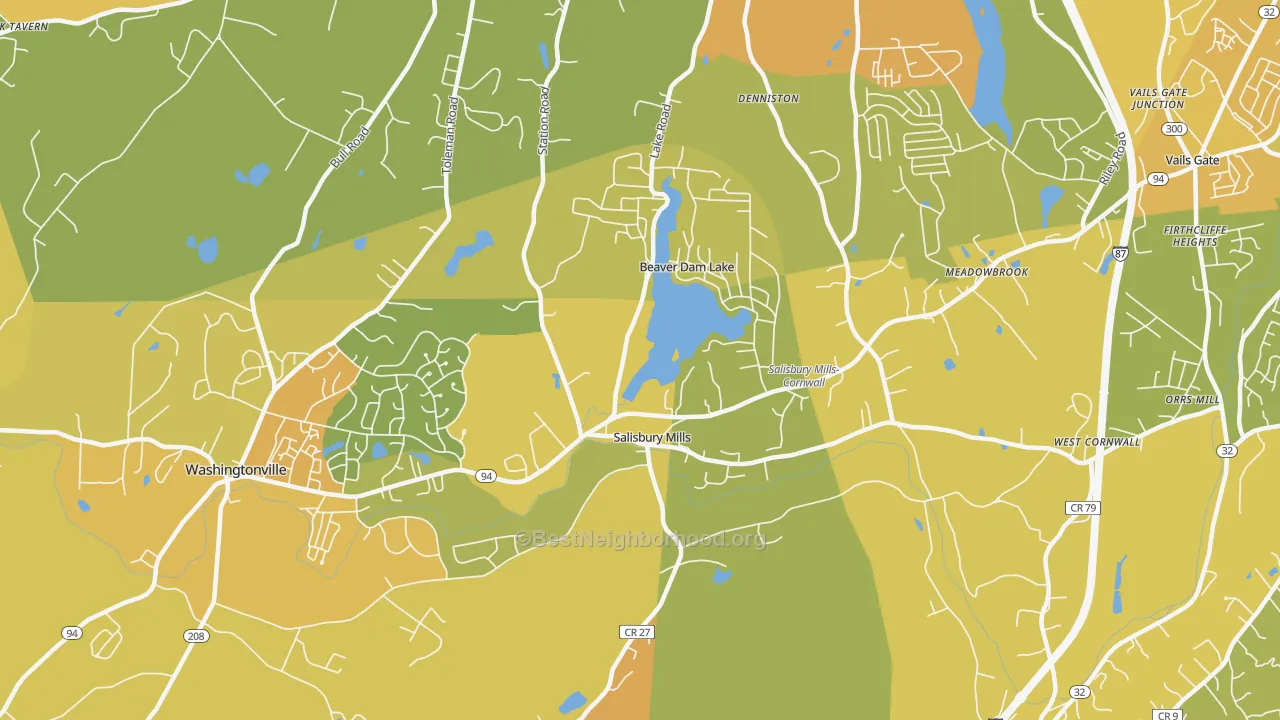 Map of the best neighborhoods in the Salisbury Mills area, with better matches in green and worse matches in red