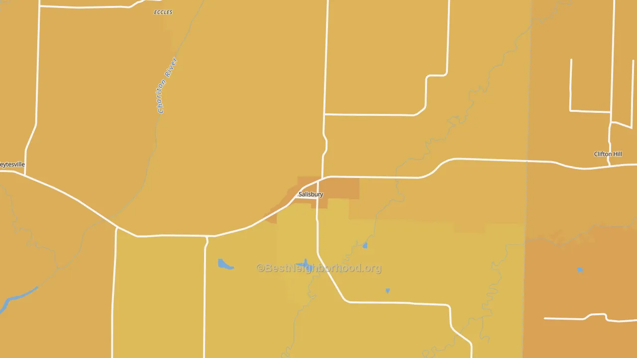 Map of the best neighborhoods in the Salisbury area, with better matches in green and worse matches in red