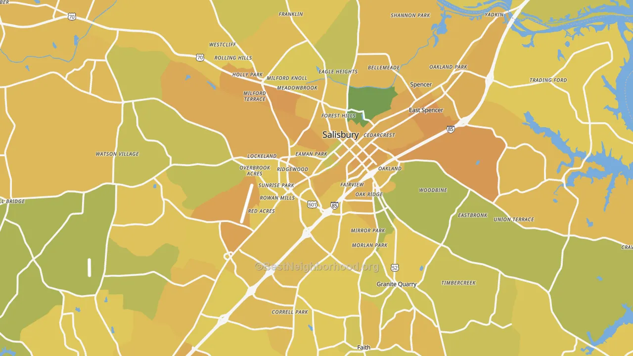 Map of the best neighborhoods in the Salisbury area, with better matches in green and worse matches in red
