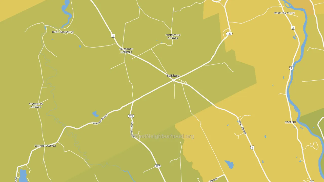 Map of the best neighborhoods in the Salisbury area, with better matches in green and worse matches in red