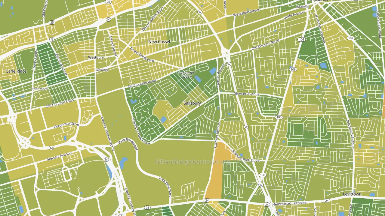 Map of the best neighborhoods in the Salisbury area, with better matches in green and worse matches in red