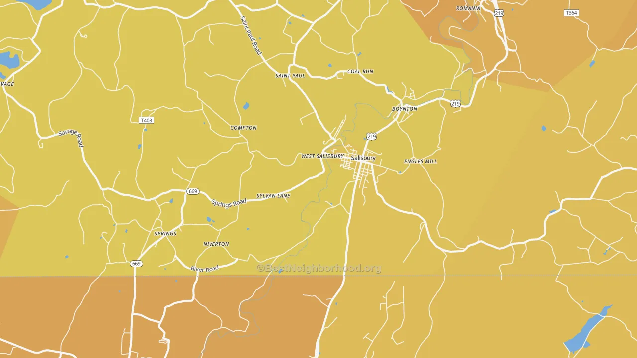 Map of the best neighborhoods in the Salisbury area, with better matches in green and worse matches in red