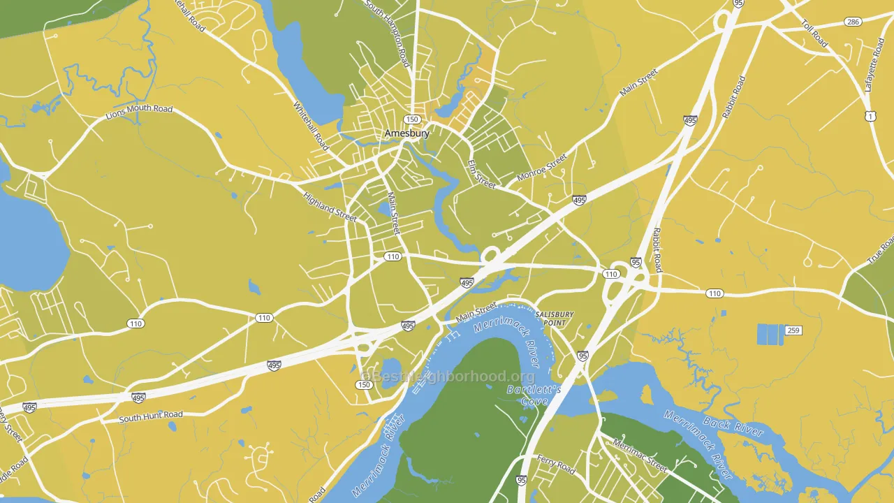 Map of the best neighborhoods in the Salisbury Point, Amesbury Town area, with better matches in green and worse matches in red