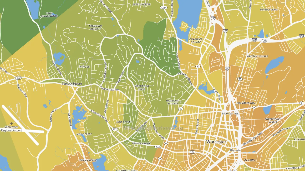 Map of the best neighborhoods in the Salisbury Street, Worcester area, with better matches in green and worse matches in red