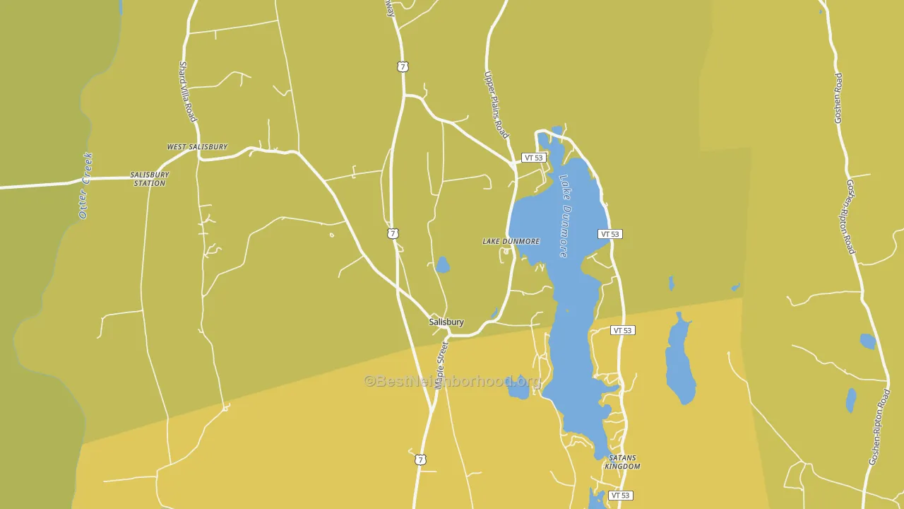 Map of the best neighborhoods in the Salisbury area, with better matches in green and worse matches in red