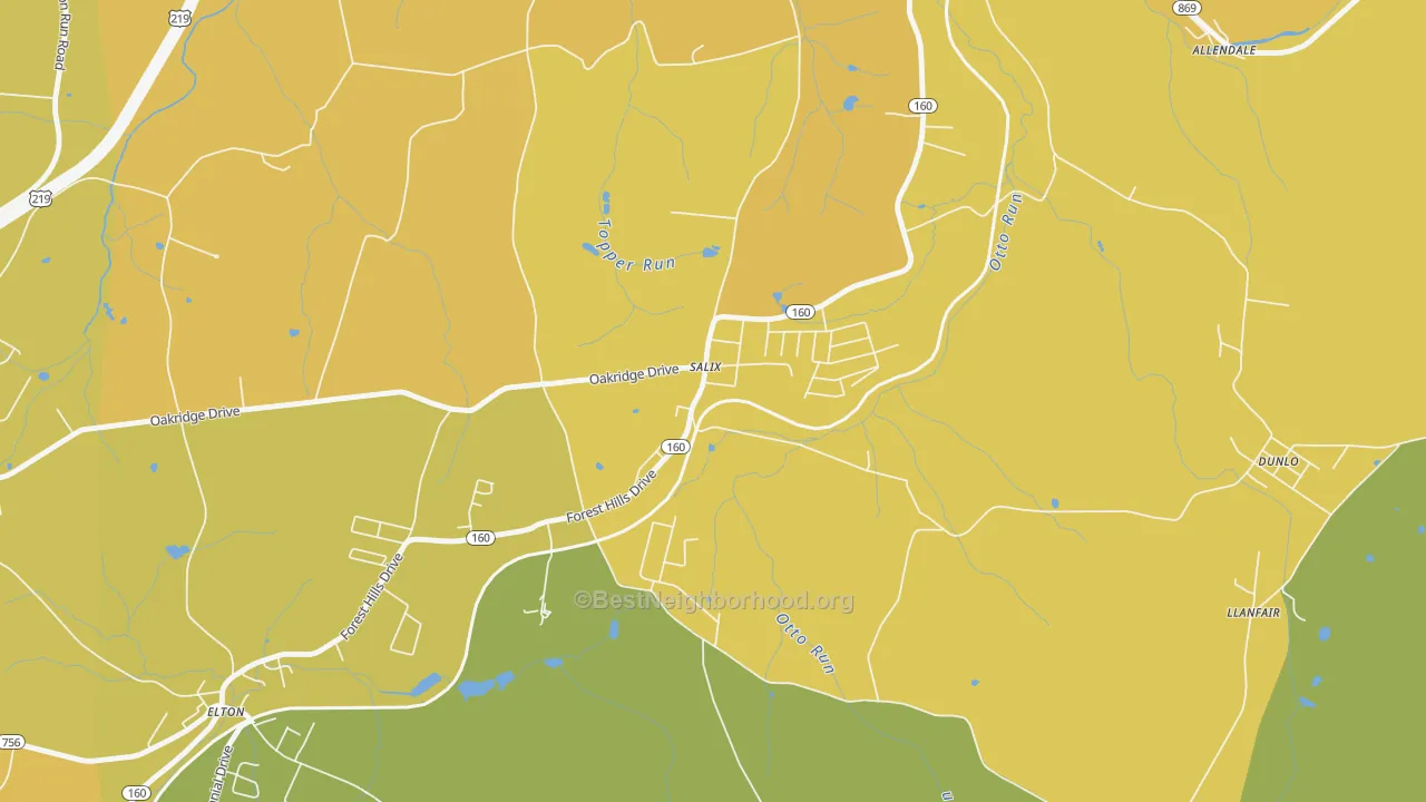 Map of the best neighborhoods in the Salix area, with better matches in green and worse matches in red
