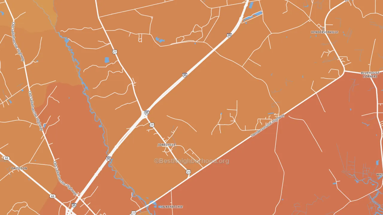 Map of the best neighborhoods in the Salkehatchie area, with better matches in green and worse matches in red