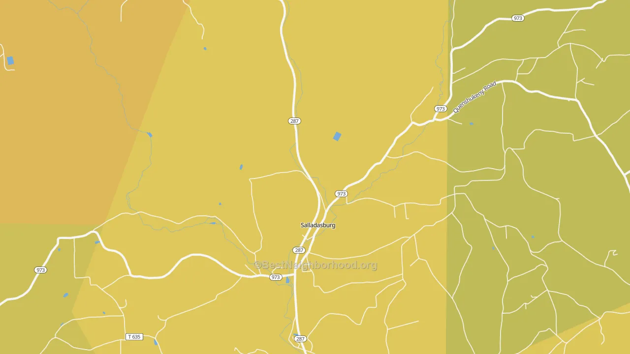 Map of the best neighborhoods in the Salladasburg area, with better matches in green and worse matches in red