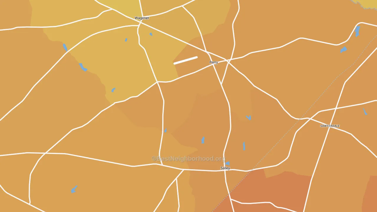 Map of the best neighborhoods in the Salley area, with better matches in green and worse matches in red