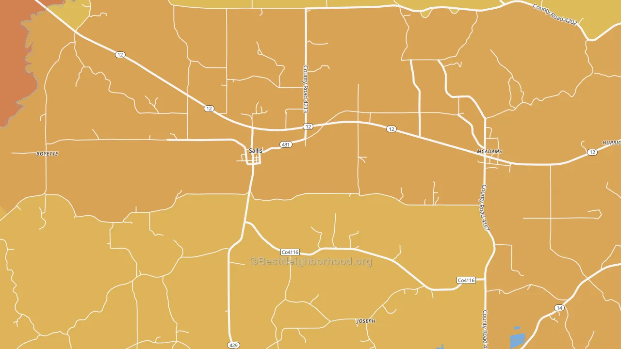 Map of the best neighborhoods in the Sallis area, with better matches in green and worse matches in red