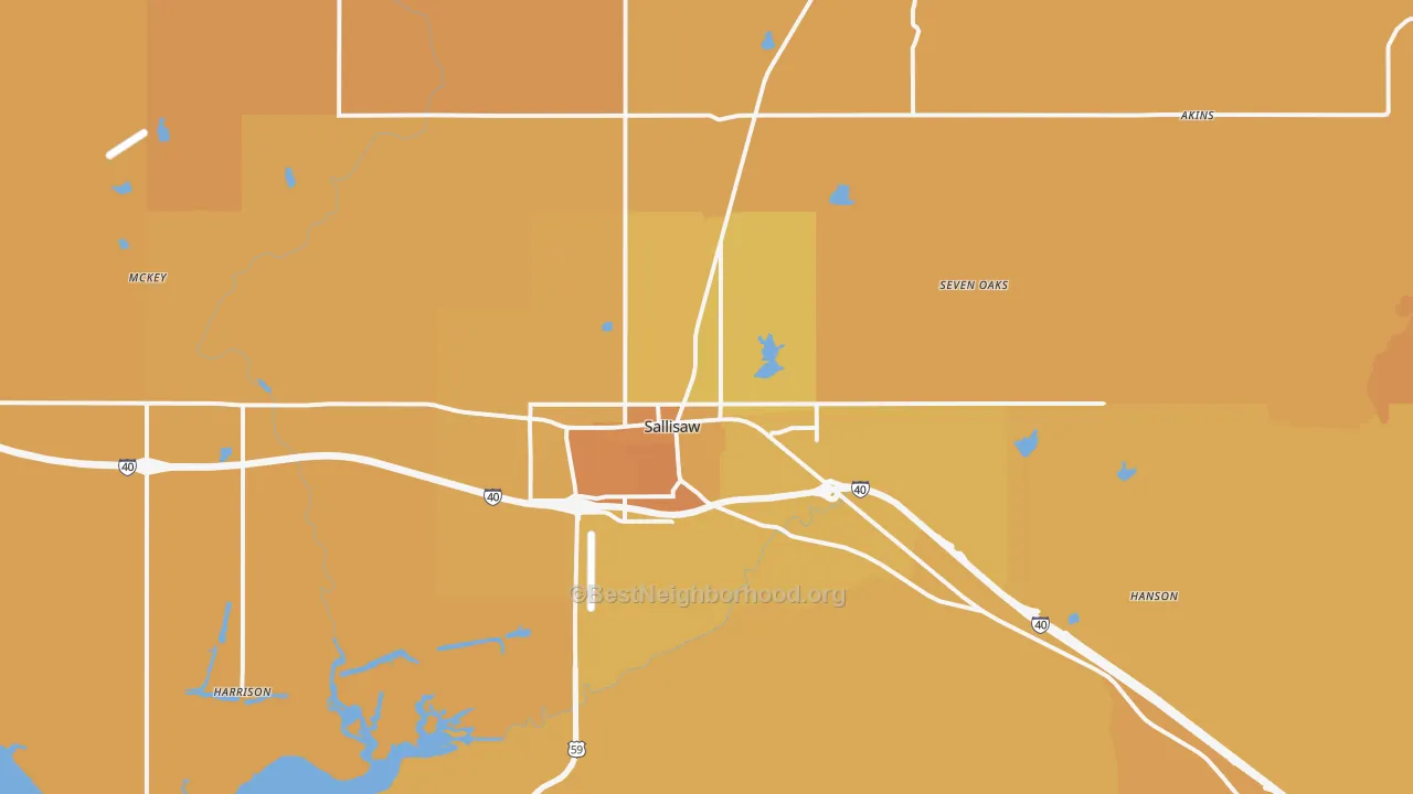 Map of the best neighborhoods in the Sallisaw area, with better matches in green and worse matches in red