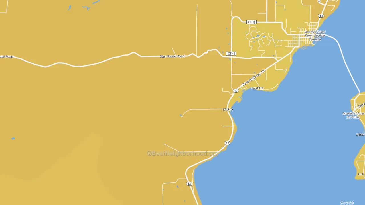 Map of the best neighborhoods in the Salmo area, with better matches in green and worse matches in red