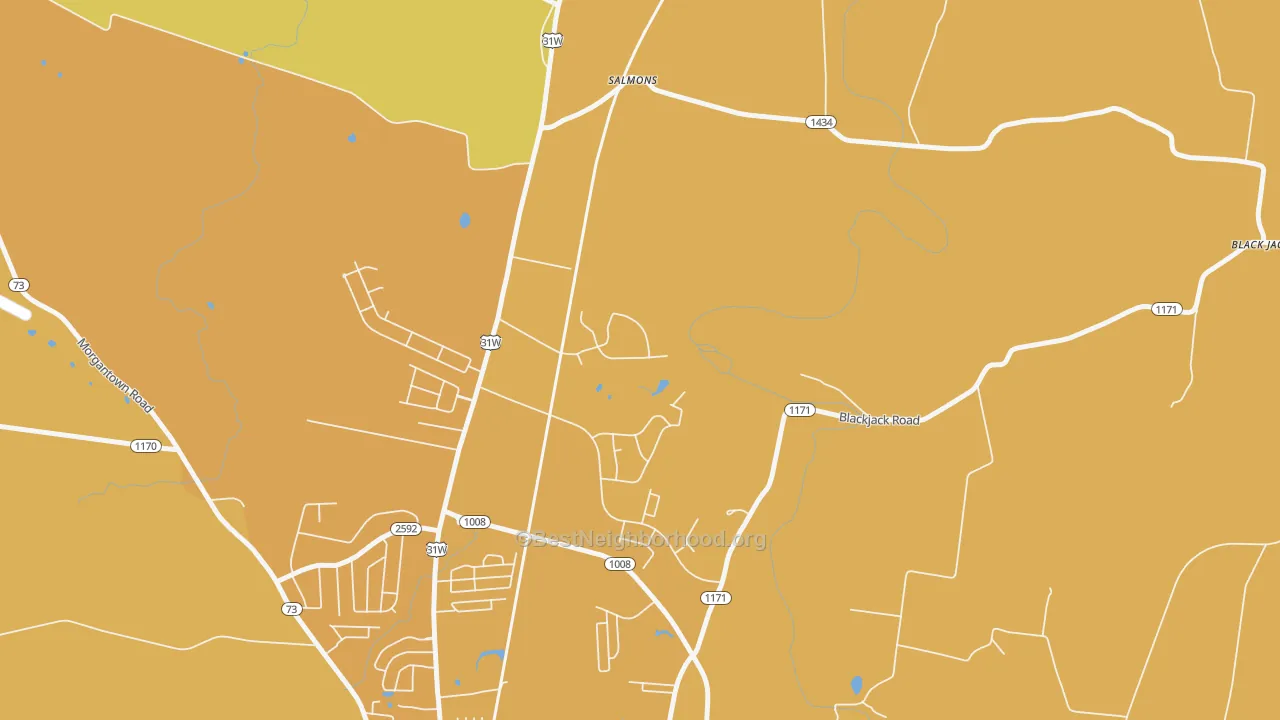 Map of the best neighborhoods in the Salmon area, with better matches in green and worse matches in red