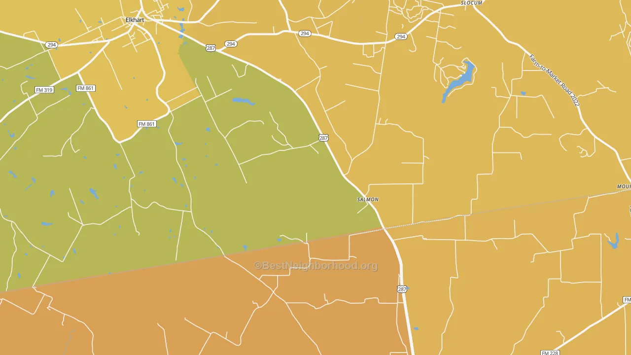 Map of the best neighborhoods in the Salmon area, with better matches in green and worse matches in red