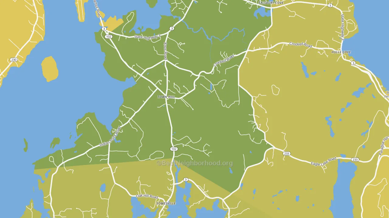 Map of the best neighborhoods in the Salsbury Cove area, with better matches in green and worse matches in red