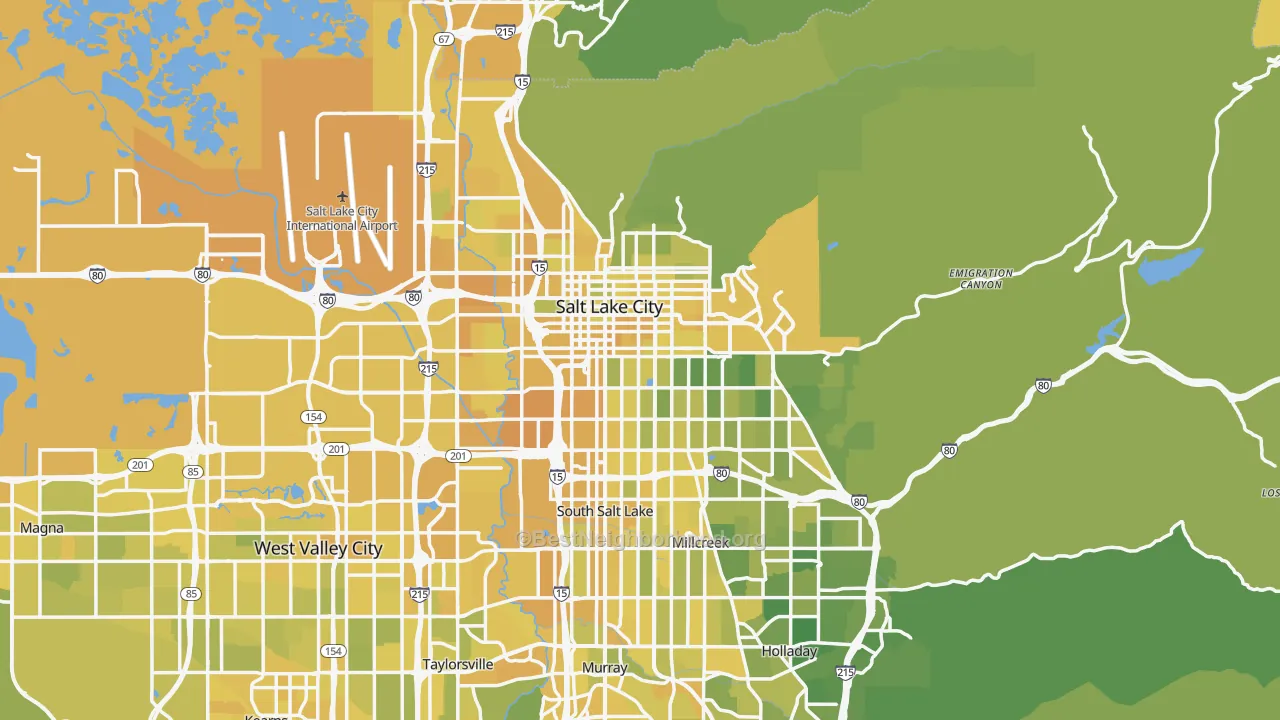 Map of the best neighborhoods in the Salt Lake City Metro area, with better matches in green and worse matches in red