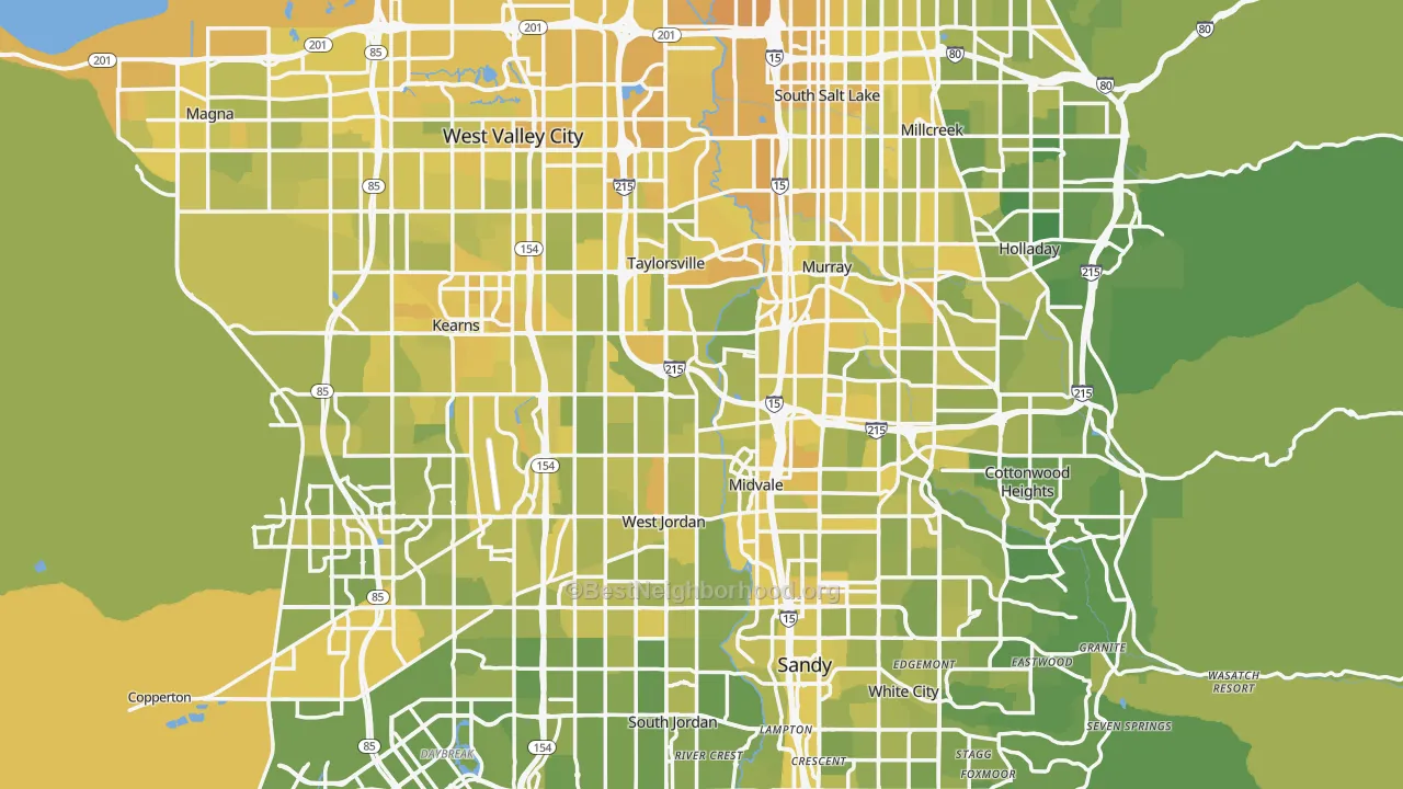 Map of the best neighborhoods in the Salt Lake County area, with better matches in green and worse matches in red