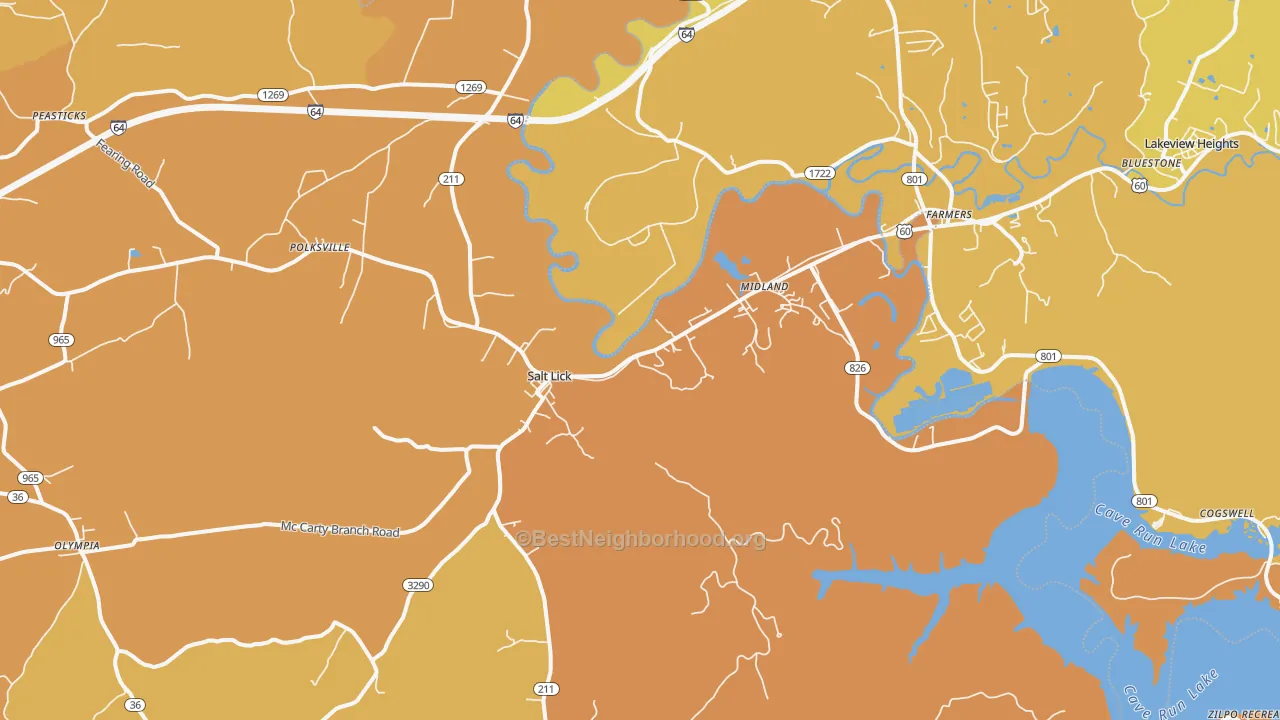 Map of the best neighborhoods in the Salt Lick area, with better matches in green and worse matches in red