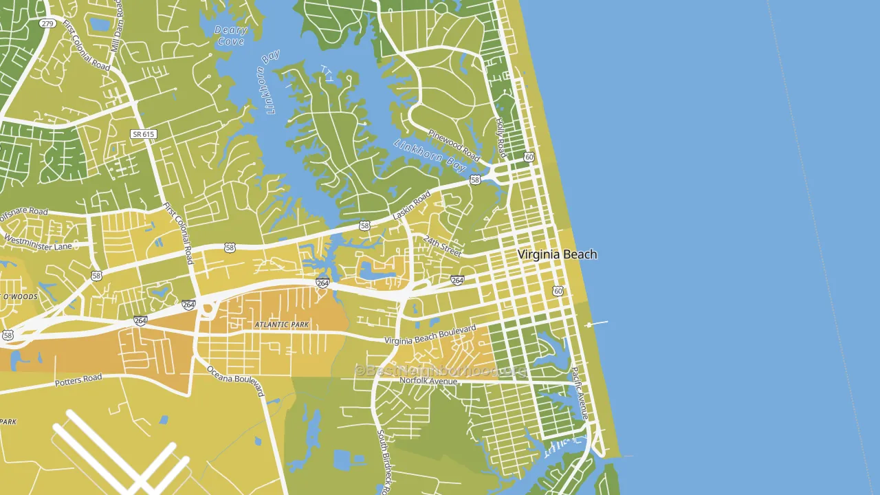 Map of the best neighborhoods in the Salt Meadow Bay, Virginia Beach area, with better matches in green and worse matches in red