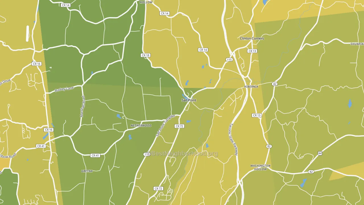 Map of the best neighborhoods in the Salt Point area, with better matches in green and worse matches in red