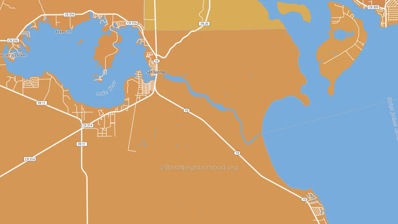 Map of the best neighborhoods in the Salt Springs area, with better matches in green and worse matches in red