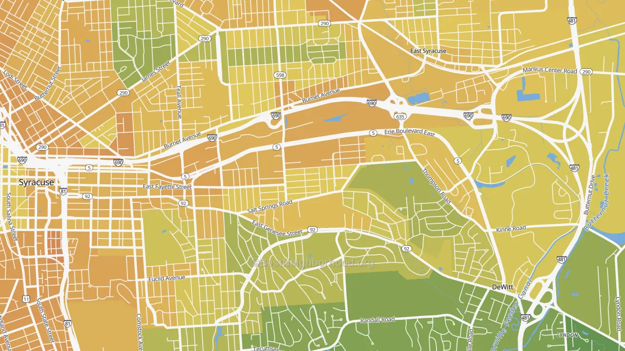 Map of the best neighborhoods in the Salt Springs, Syracuse area, with better matches in green and worse matches in red