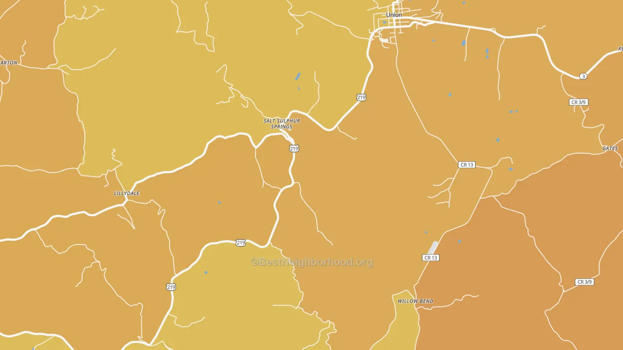 Map of the best neighborhoods in the Salt Sulphur Springs area, with better matches in green and worse matches in red