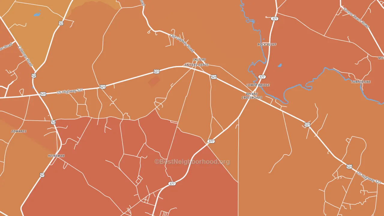 Map of the best neighborhoods in the Salters area, with better matches in green and worse matches in red